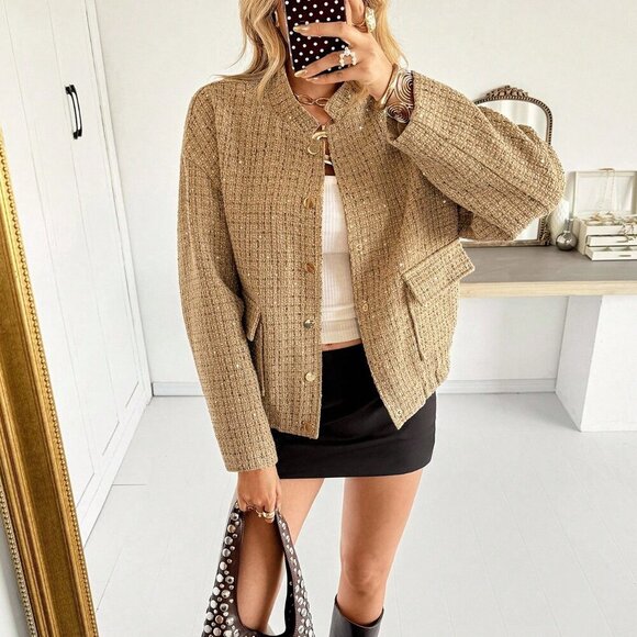 Khaki Preppy Women's Gold Sequin Tweed Jacket - Picture 5 of 9